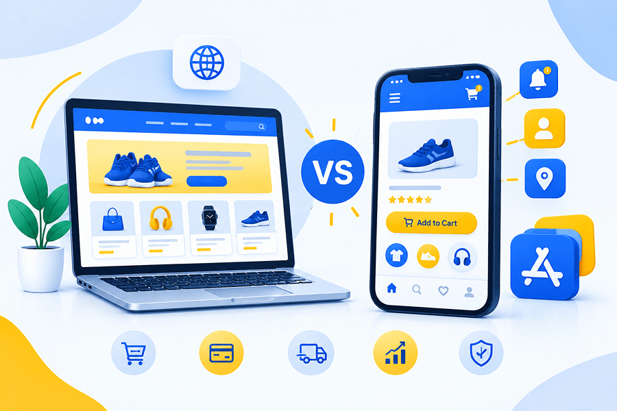 Comparison of a business website on a laptop and a mobile app on a smartphone.