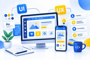 UI/UX design illustration showing website and mobile app interfaces for modern digital products.
