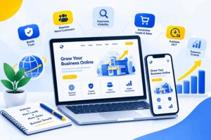 Professional business website displayed on a laptop and smartphone, illustrating online visibility and business growth.