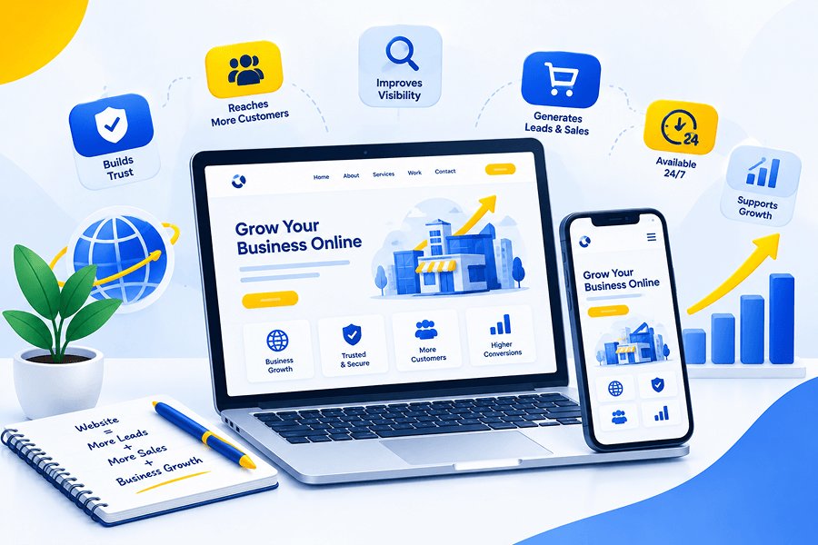 Professional business website displayed on a laptop and smartphone, illustrating online visibility and business growth.