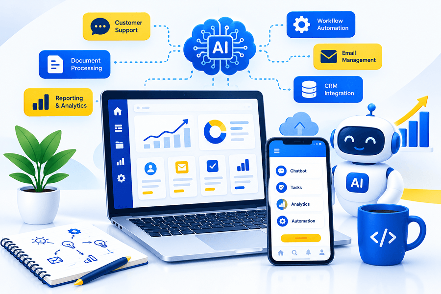 AI automation illustration showing connected business workflows, a chatbot, analytics, and a laptop dashboard.
