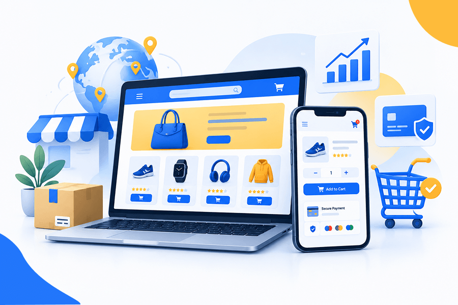 E-commerce website on a laptop and smartphone illustrating online shopping, secure payments, and order management.