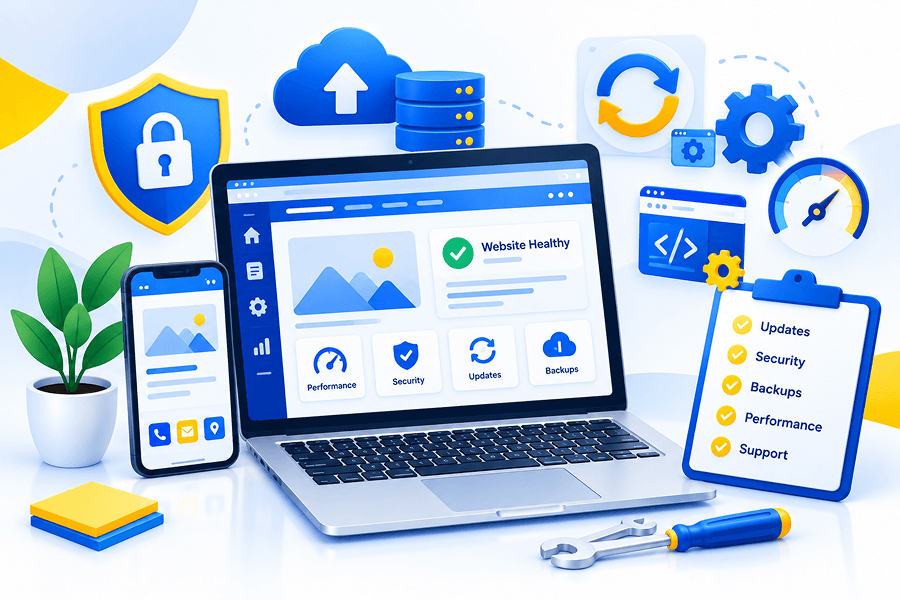 Website maintenance illustration featuring a laptop dashboard, security shield, backup cloud, and technical support tools.